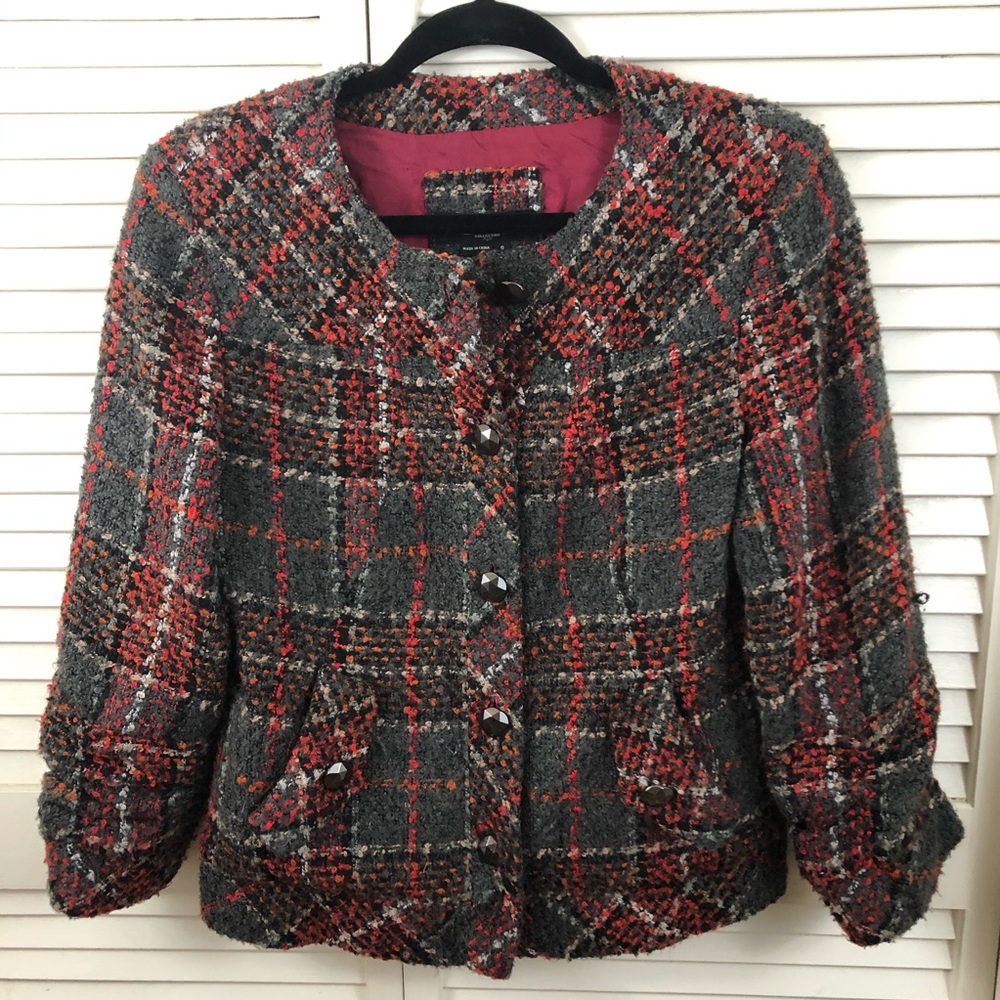 Peck and Peck Boucle plaid cropped fitted blazer